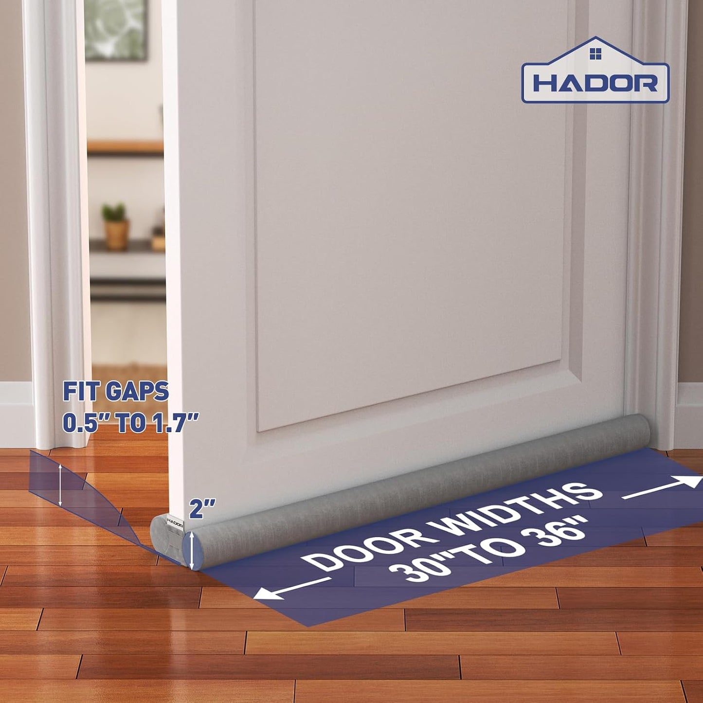 HADOR 30 Inch Door Draft Stopper, Fits 24-30" Doors, 0.5-1.7" Gaps, Gray | Double-Sided Under Door Gap Filler, Blocks Drafts, Dust, Light and Pet Hair, Easy Slide-On Fit, Machine Washable