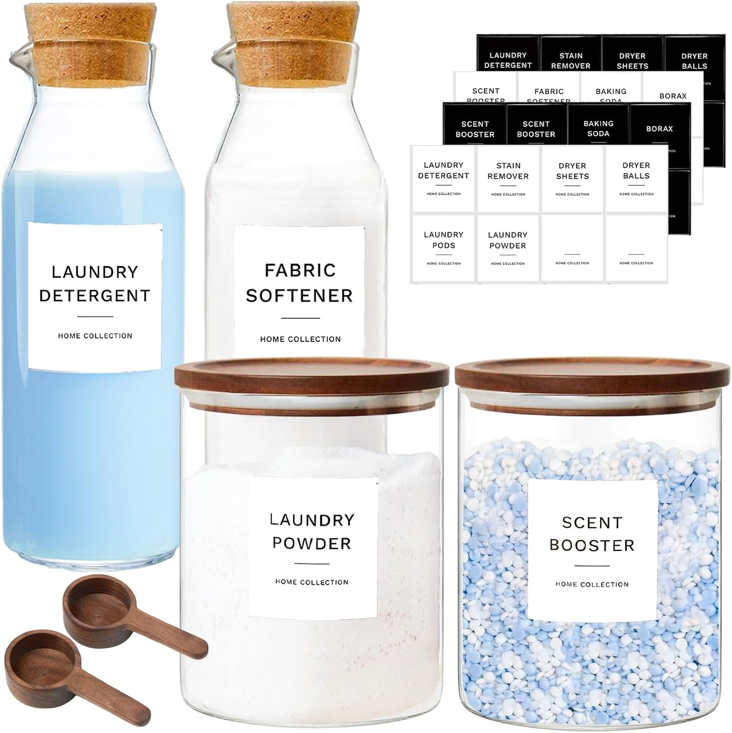 Glass Laundry Storage Containers with Acacia Lids and Scoops, Laundry Jars | 2 Pack Laundry Detergent Canisters for Powder, Laundry Pod Holder & Beads Organizer with Labels for Laundry Room Organization