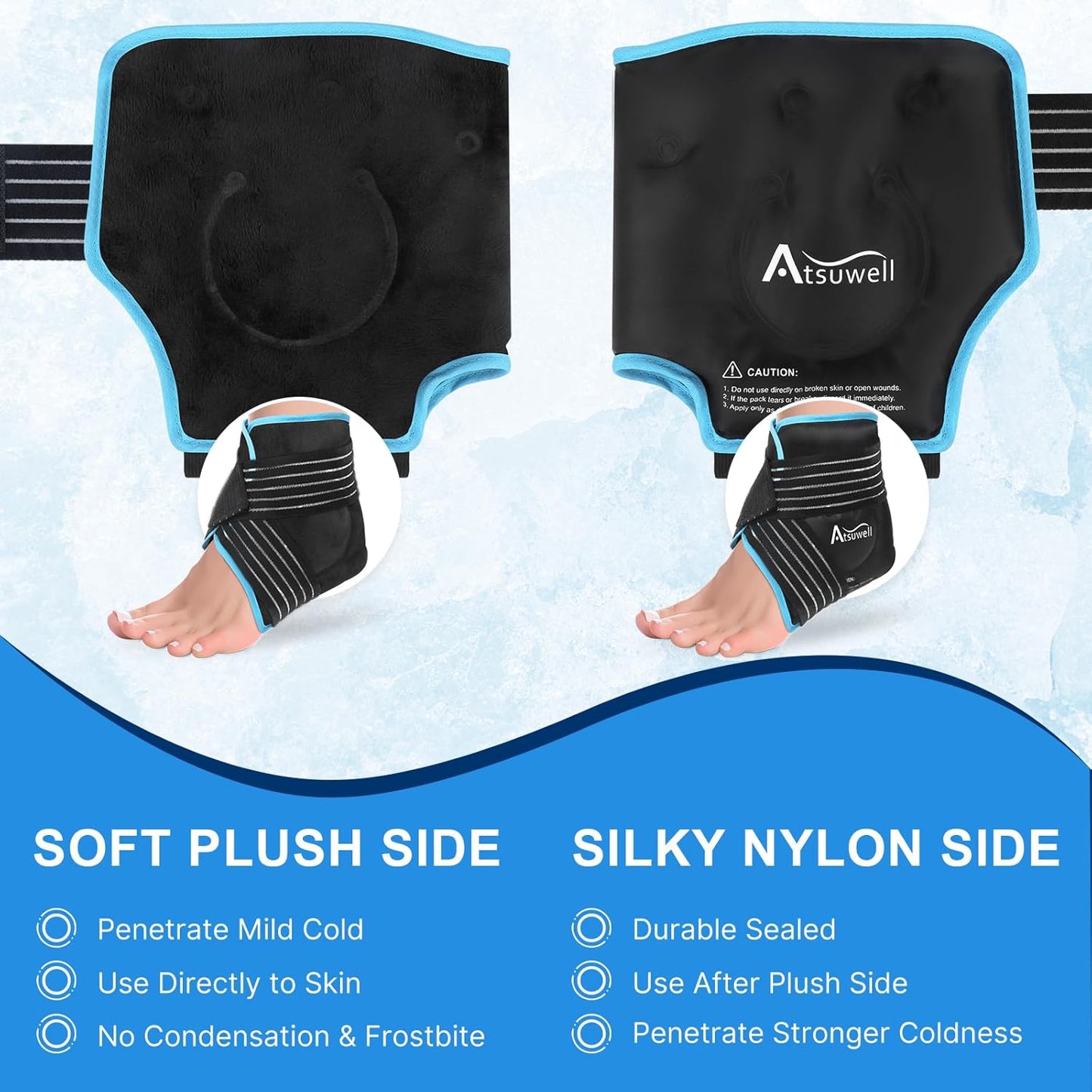 Atsuwell Ankle Ice Pack Wrap 2 Packs for Swelling & Spraine Relief, Black | Ease Plantar Fasciitis & Achilles tendonitis, Flexible Gel Wrap, Soft Plush Inner, Hands-Free Strap for Post-Surgery Recovery