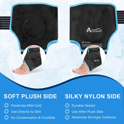 Atsuwell Ankle Ice Pack Wrap 2 Packs for Swelling & Spraine Relief, Black | Ease Plantar Fasciitis & Achilles tendonitis, Flexible Gel Wrap, Soft Plush Inner, Hands-Free Strap for Post-Surgery Recovery