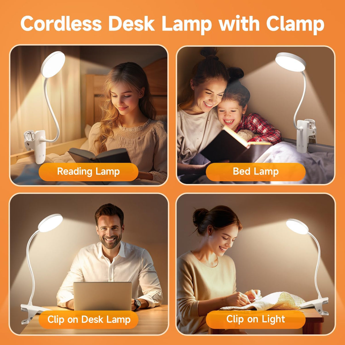 Mubarek Clip on Lamp,5 Brightness+5 Color Clip on Light,200LM 36 LED Reading Lights for Books in Bed,1800mAh Battery Powered Lamp Battery Operated Lights,Rechargeable Desk Lamp with Clamp Light