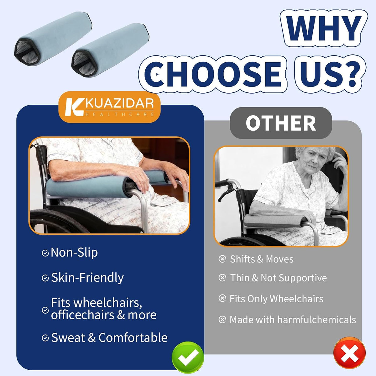 Wheelchair Armrest Covers (Pair)-Memory Foam Wheelchair armrest Pads Wicking Washable Non Slip Arm Rest Cover Cushion Pad for wheelchairs Office Chairs armchairs (Blue-Gray)