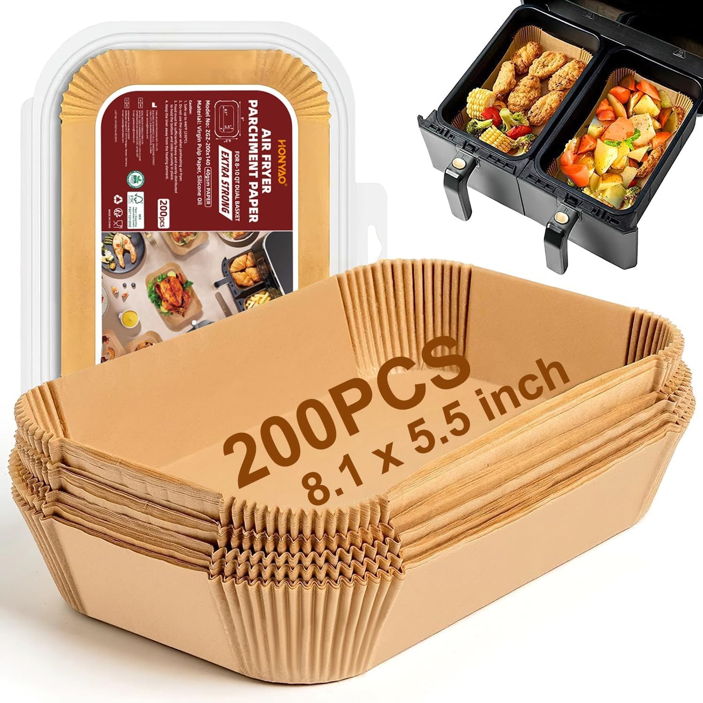 HONYAO Air Fryer Paper Liners for Dual Zone Airfryer, 8.1x5.5 inch | Rectangle Disposable Baking Inserts for Ninja Foodi DZ201/401, 8-10 Quart Double Basket Food Grade Accessories BPA free