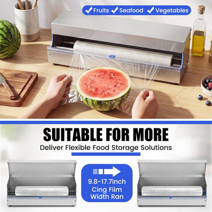 Lounsweer 18 Inch Stainless Steel Plastic Wrap Dispenser with Slide Cutter | with 2 Slide Blades, Fit 9.8"-18" Width Cling Film, Rustproof Manual Wrapper for Household Commercial Food Packaging