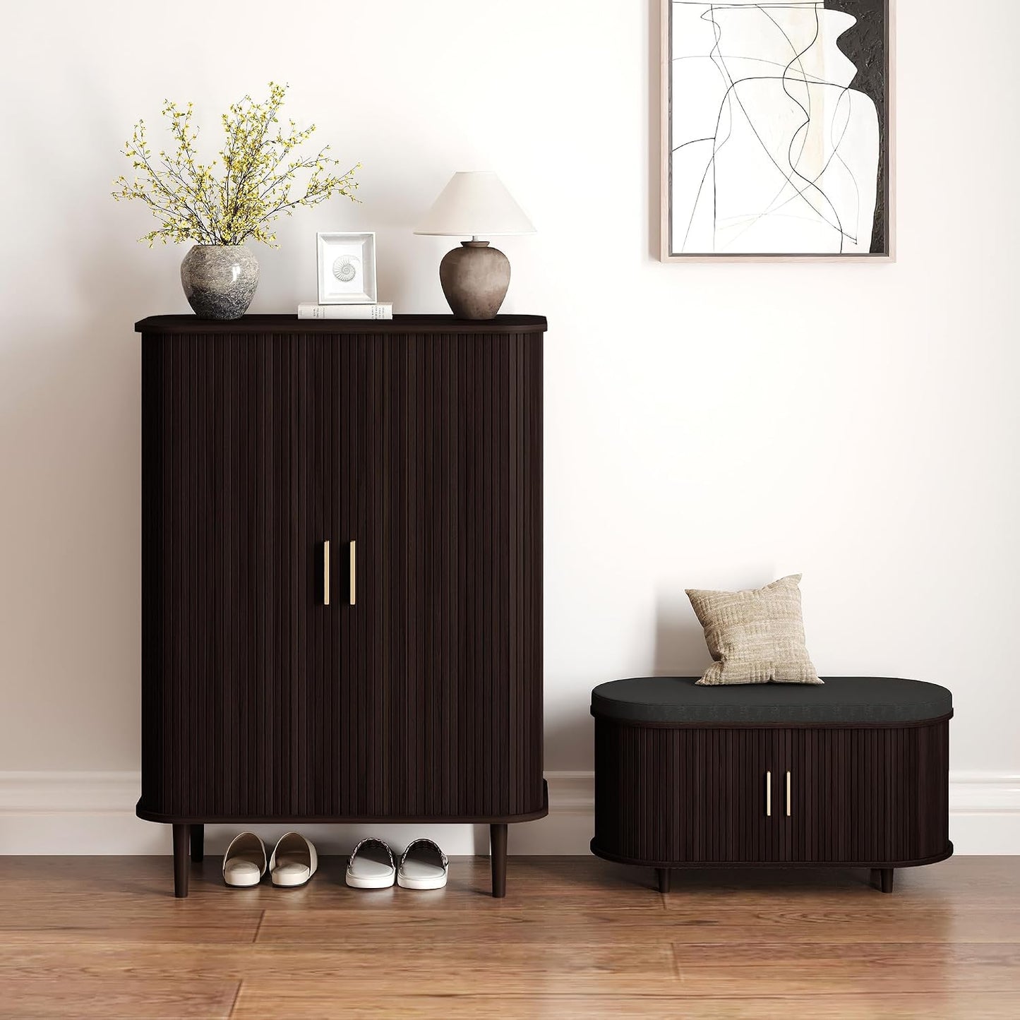 DHH Shoe Storage Cabinet with Sliding Door, 6-Tier Shoe Cabinet with Adjustable Shelves, Modern Freestanding Shoe Storage Organizer for Entryway, Hallway, Living Room (Walnut, 47 ")