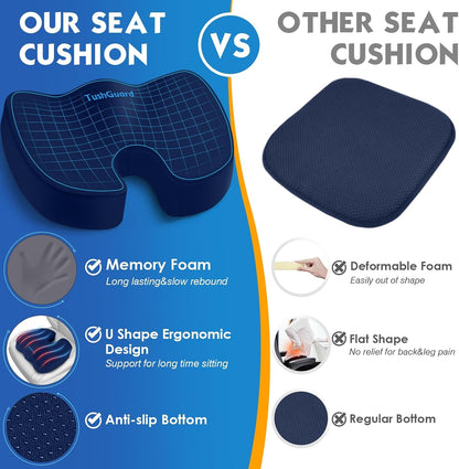 TushGuard Seat Cushion for Office Chair, Car, Memory Foam, Black Large | For Back, Coccyx, Sciatica, Tailbone Pain, Ergonomic Design, Non-Slip, Desk Wheelchair Use, Supportive Butt Pillow, For Man