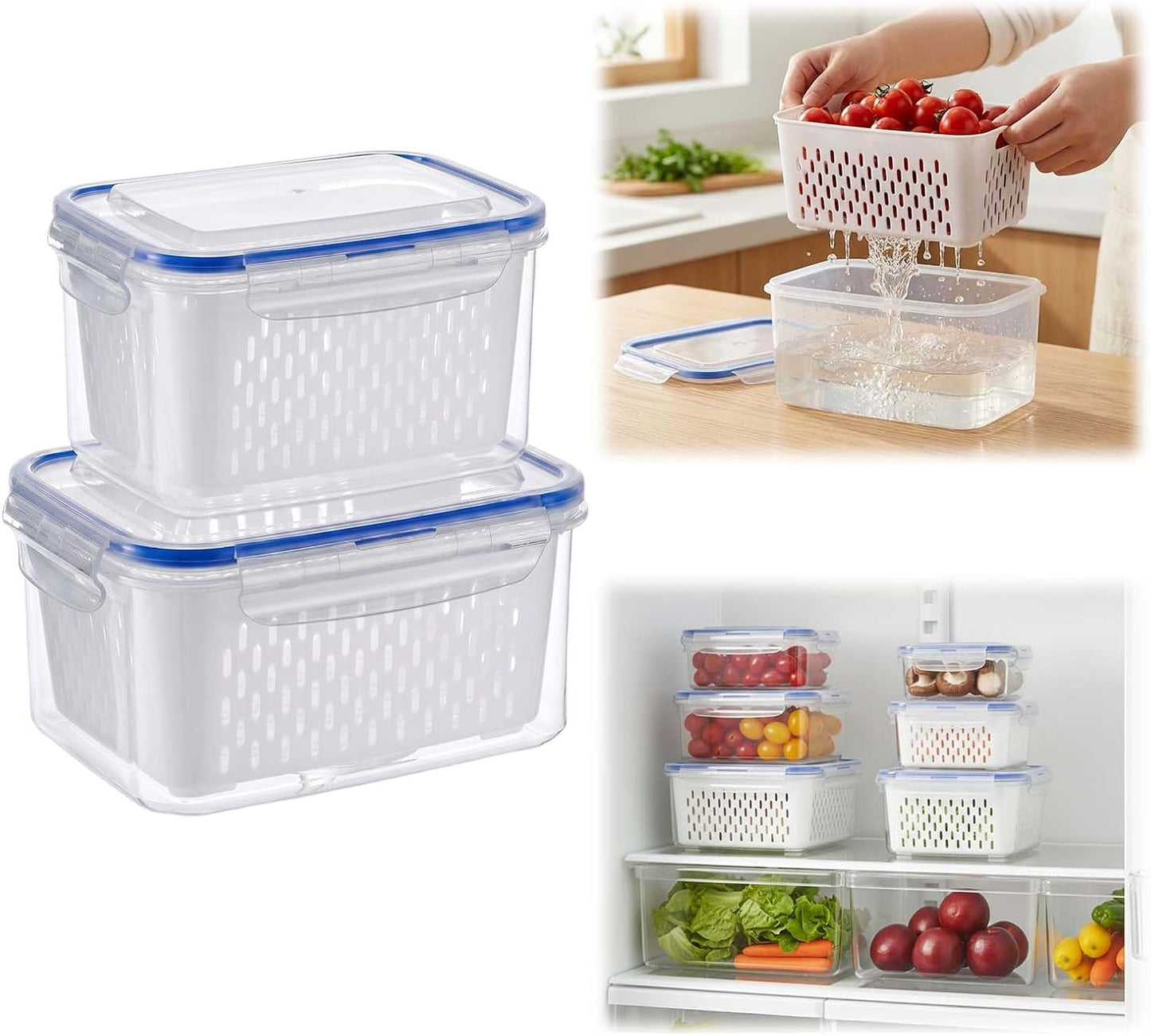 Fruit Storage Containers for Fridge with Removable Colander, Airtight Produce Storage Containers with Lids, Fridge Organizers and Storage for Berry, Fruit, Vegetables, Salad & Meal Prep (Gray, S+M+L)