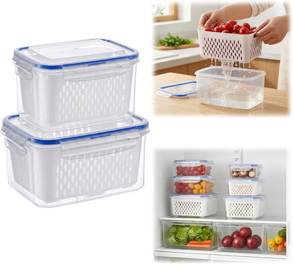 Fruit Storage Containers for Fridge with Removable Colander, Airtight Produce Storage Containers with Lids, Fridge Organizers and Storage for Berry, Fruit, Vegetables, Salad & Meal Prep (Gray, S+M+L)