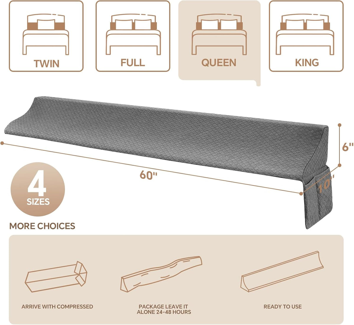 EUHAMS Queen Size Bed Wedge Pillow for Headboard Bed Gap Filller/Mattress Gap Filler (0-7") - Wedge Pillow Headboard Triangle Foam Pillows Wedges Between Headboards Mattress (Grey,60"x10"x6")