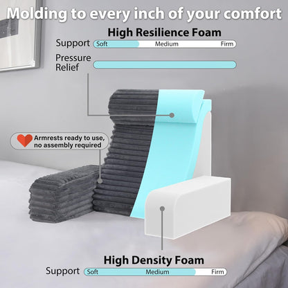 ENITYA 22" XL Back Pillow for Bed Sitting Up with Armrests & Big Pockets | Reading Pillow for Bed, Soft Back Support Chair, Ideal for Watching TV, Gaming, Nursing, Resting, Post Surgery, Dark Grey