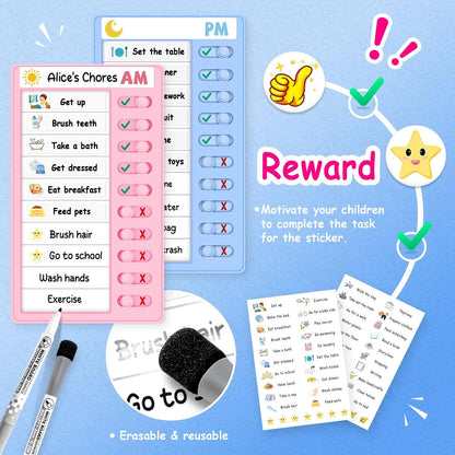 2 Pcs Chore Chart for Kids, Morning/Bedtime Routine Chart, Dry Erase to Do List, Magnetic Checklist, Visual Schedule for Kids (bluepink)