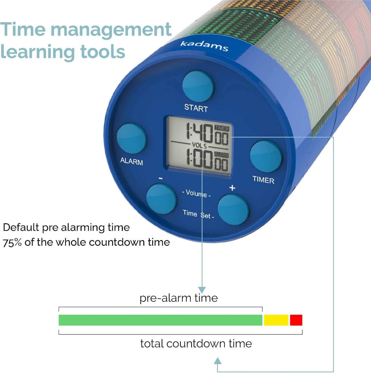 KADAMS Visual Timer for Kids with Pre-Alarm, Traffic Light Countdown Timer for ADHD Toddlers Classroom 24H Digital Timer, 5 Volume Levels Mute Pause Memory for Homework Learning Home Routine