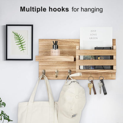 Lwenki Mail Organizer for Wall Mount – Key Holder with Shelf Includes Letter Holder and Hooks for Coats, Dog Leashes – Rustic Wood with Flush Mounting Hardware (16.5” x 8.7” x 3.5”)