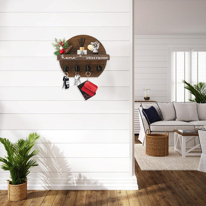 Key Holder for Wall, Key and Mail Holder Organizer - Key Holder Wall Mount with Bouquet Shelf and Key Hooks, Round Wooden Rustic Key Rack for Entryway and Home Decor (Black)