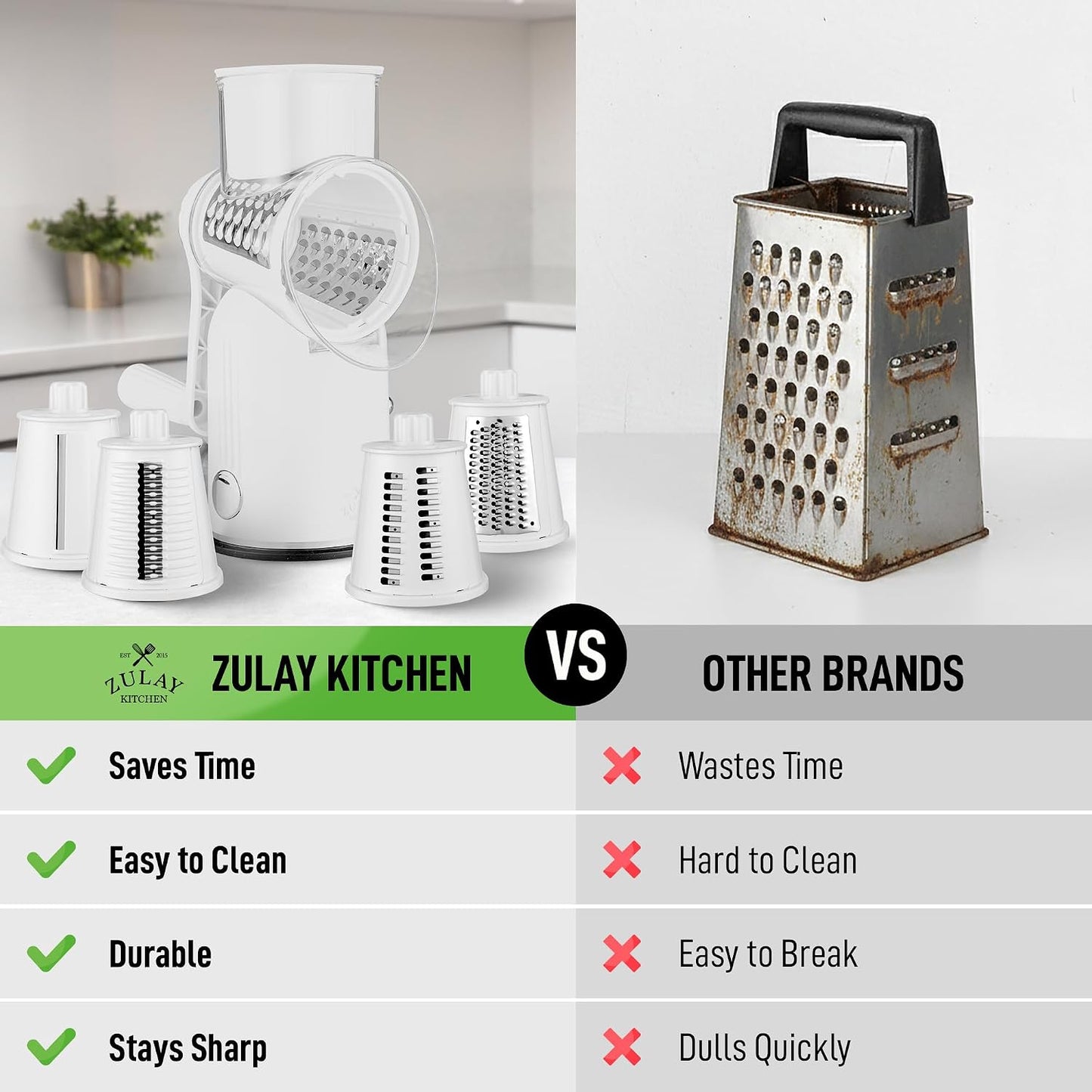 Zulay Kitchen Rotary Cheese Grater 5 Blade Cheese Shredder - Manual Hand Crank Cheese Grater With Reinforced Suction & 5 Interchangeable Drums - Easy to Use, Vegetable Chopper Round Mandoline Slicer - Colors A