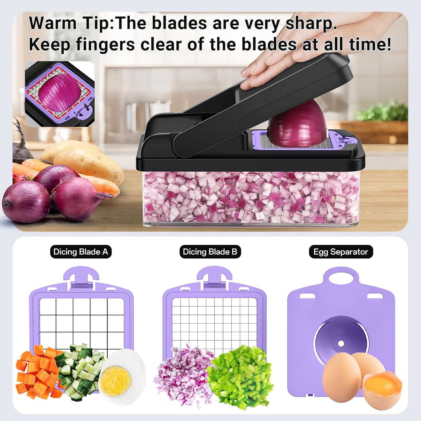12-in-1 Vegetable Chopper with 7 Blades, Food Veggie Cutter, Green | Includes Egg Separator, Food Container and Finger Guard, Non-slip Base, for Chopping, Slicing, Shredding, and Mincing