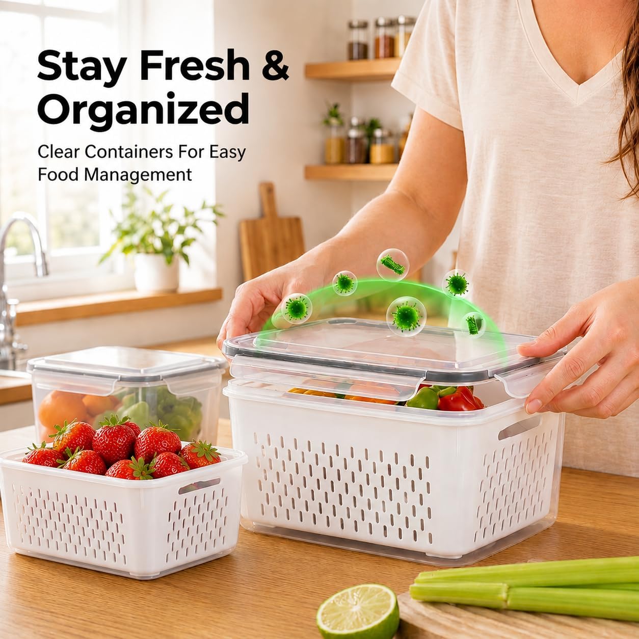 Fruit Storage Containers for Fridge with Lids, Fridge Organizers and Storage Produce Saver Box with Removable Drain Basket for Fruit Berry Salad Vegetable Meat, 380ml to 3150ml (4 Pack)