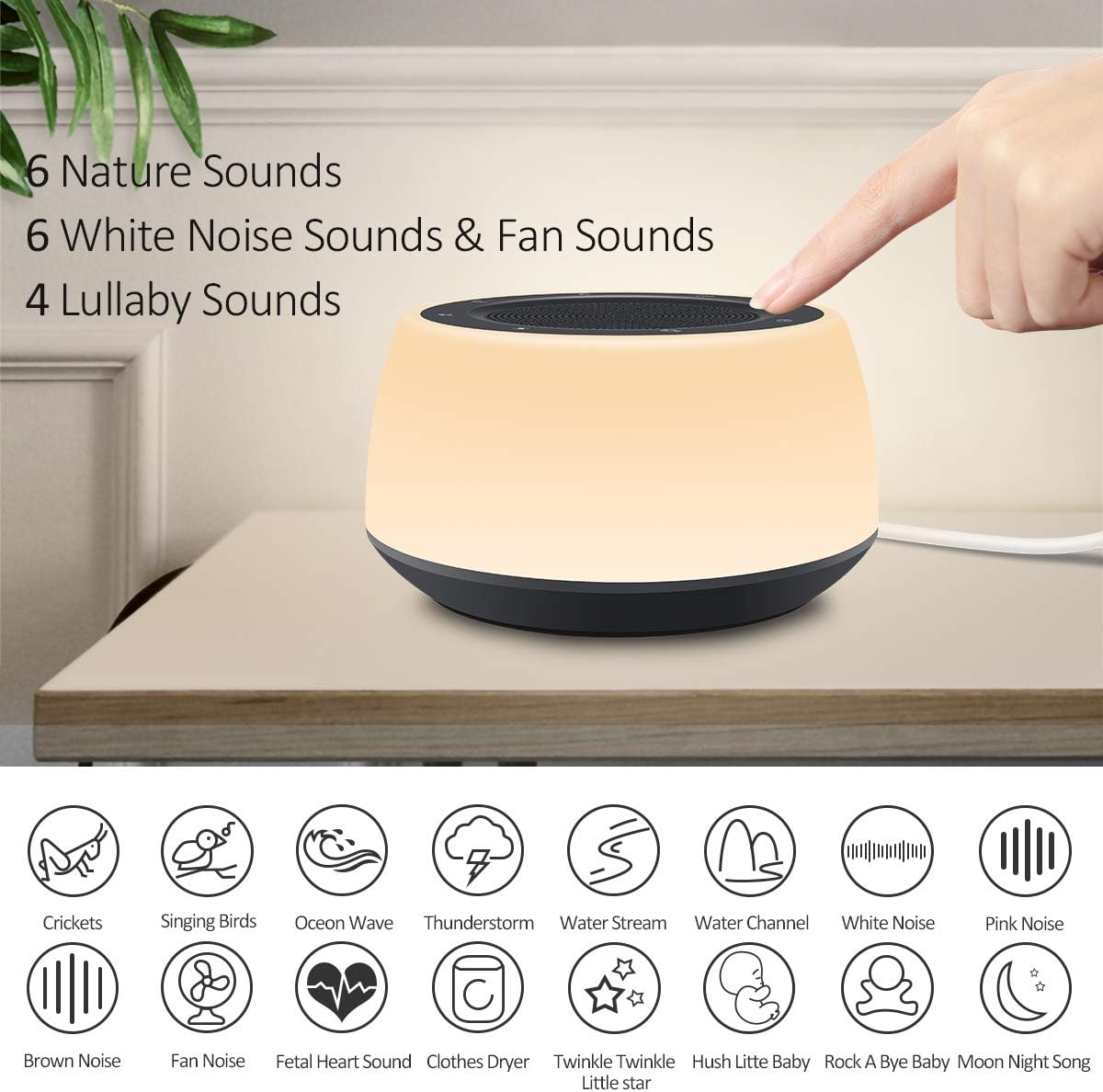White Noise Machine with Night Lights, Sleep Sound Machine 32 Soothing Sounds for Baby Adults Kids Sleeping, Fan Wave Sound Lullaby, Timer and Memory Feature, RGB Color Touch Table Lamp