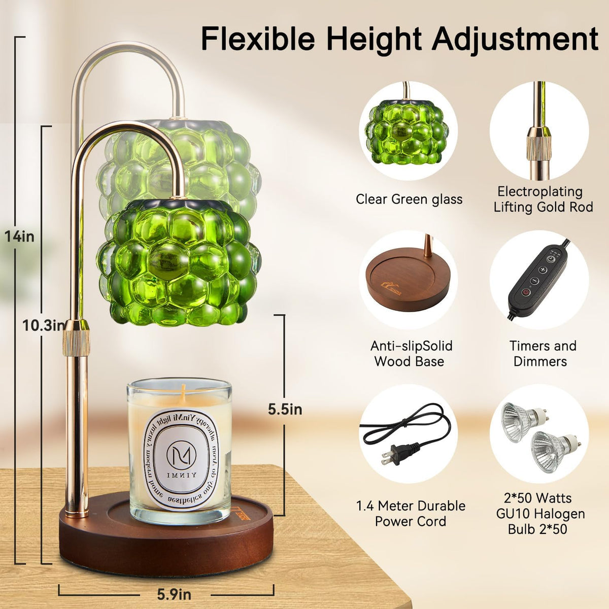Candle Warmer Lamp with Timer Adjustable - Height Candle Warmer, Dimmer, Black Glass Wax Melting Lamps for Home Decor, for Candles in Jars with 2 Bulbs