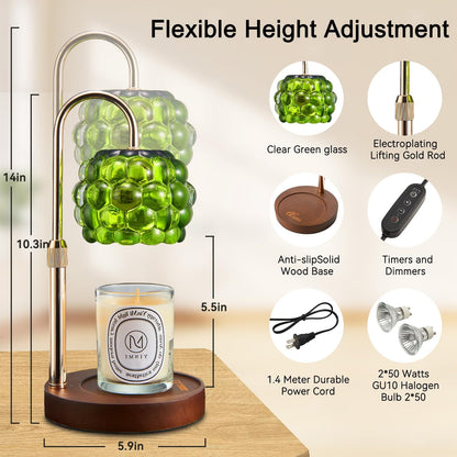 Candle Warmer Lamp with Timer Adjustable - Height Candle Warmer, Dimmer, Black Glass Wax Melting Lamps for Home Decor, for Candles in Jars with 2 Bulbs