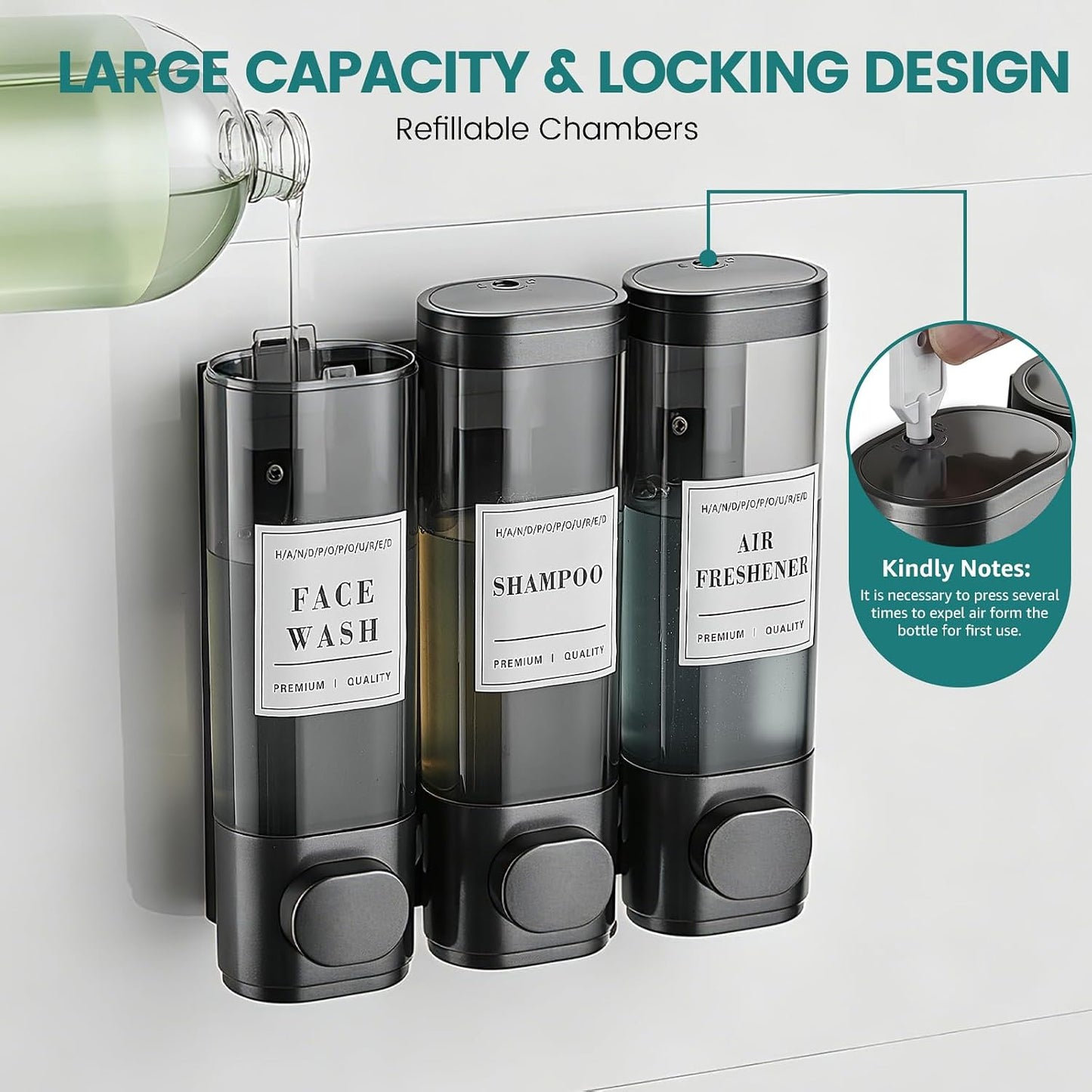 Wall Mounted Shower Soap Dispenser 3 Chamber,No Drill Shower Dispenser | Shampoo and Conditioner Dispenser for Bathroom Hotel Large Capacity, each 300ml with two waterproof labels,Gold