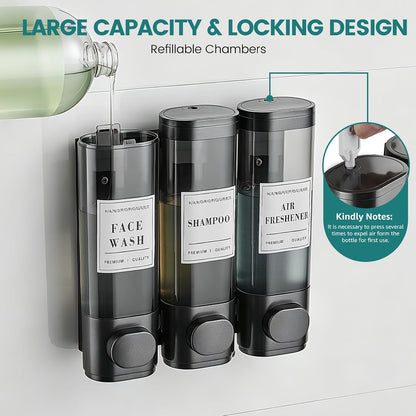 Wall Mounted Shower Soap Dispenser 3 Chamber,No Drill Shower Dispenser | Shampoo and Conditioner Dispenser for Bathroom Hotel Large Capacity, each 300ml with two waterproof labels,Gold