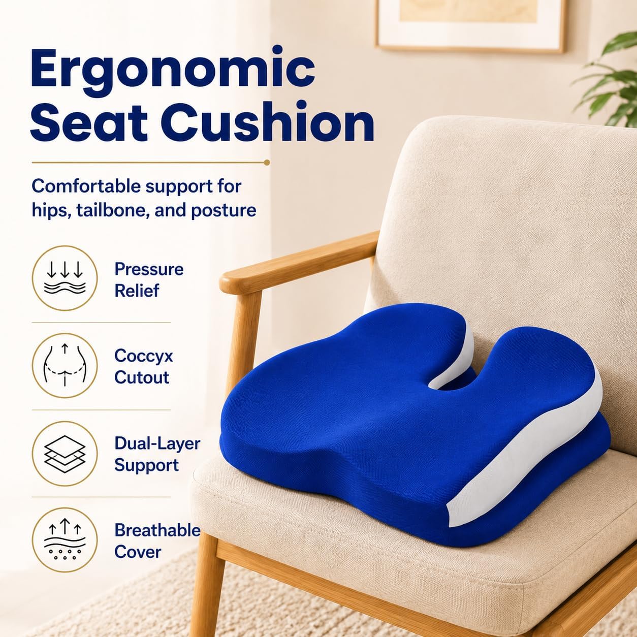 Memory Foam Ergonomic Seat Cushion for Office Chairs Pain Relief | Suitable for prolonged sitting, relieves tailbone pain, fits office chairs, wheelchairs, car seats and computer desk chairs
