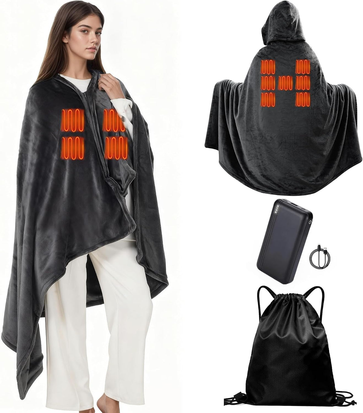 Large Cordless Heated Blanket Shawl, 71"×43" with Power Bank