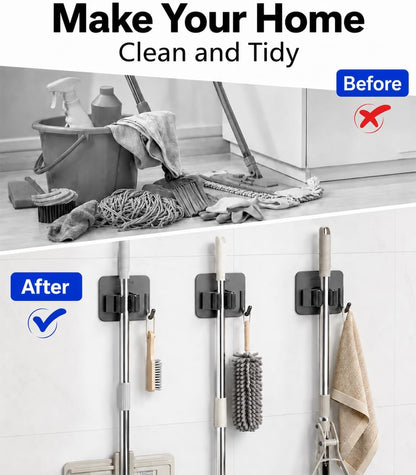 6Pcs Broom Holder Wall Mount With Hooks, Damage-Free Broom And Mop Organizer Wall Hanging, Heavy Duty Self Adhesive Broom Hanger Clips Storage Rack For Garden, Laundry Room Tools, SUS 304, Matte Black