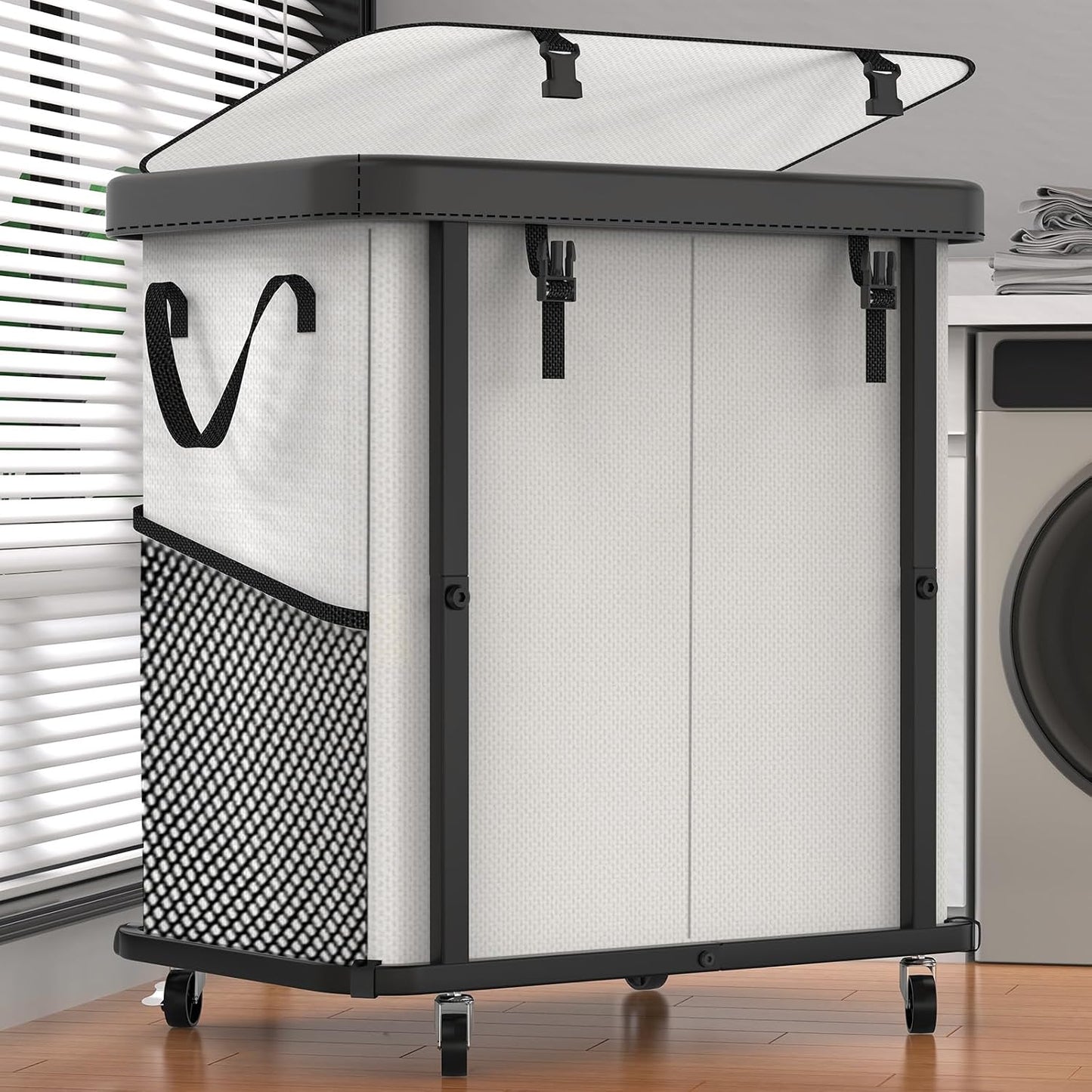 Laundry Hamper with Wheels,150L Leather Patchwork Clothes Hamper Black | Rolling Laundry Basket with Sturdy Metal Frame, Removable Washable Bag,Tall Clothes Sorter for Bedroom, Laundry Room, Dorm