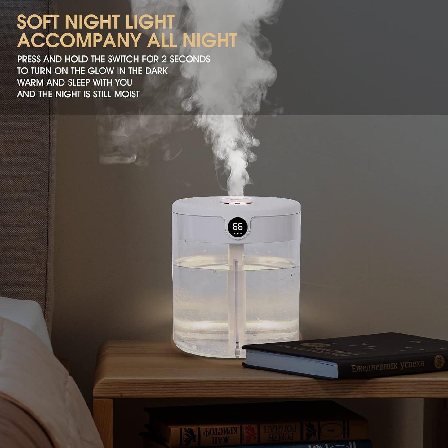 Top-Fill 2L Humidifiers for Bedroom Large Room, Smart Digital Display Hygrometer, Dual 360° Nozzles Cool Mist, Ultra-Quiet <30dB, 24H Long Runtime, Auto Shut-Off, Essential Oil Box, White