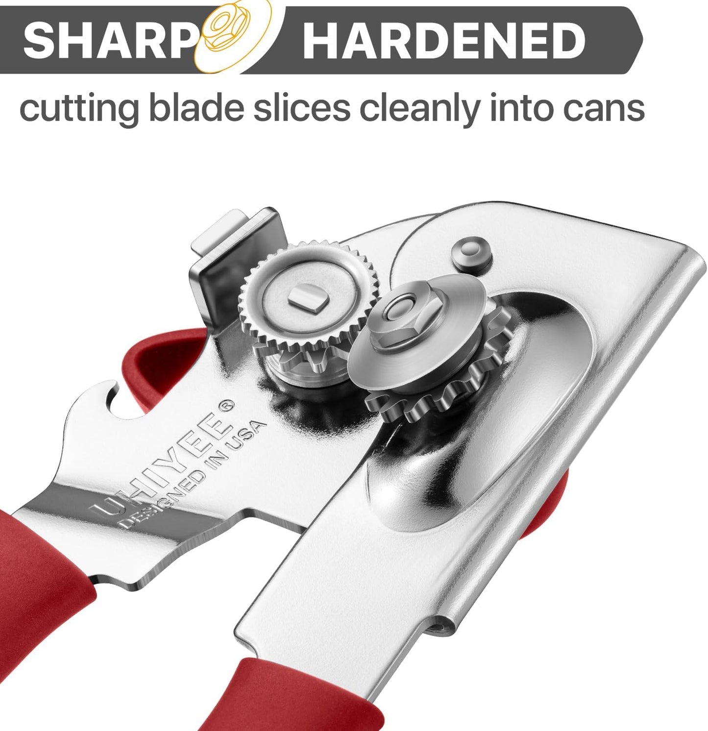 UHIYEE Heavy Duty Hand Can Opener with Comfortable Grip for Seniors, Black | Manual Can Opener, Hardened Steel Blade, Rubber-Coated Handle, Oversize Knob, Built-in Magnet & Bottle Opener