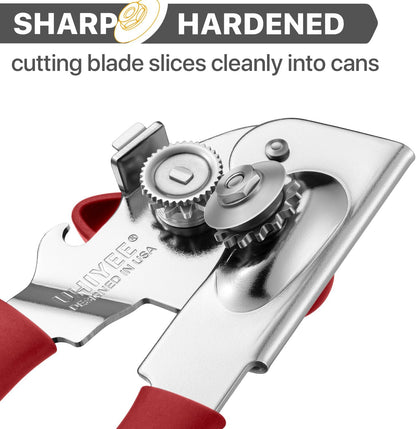 UHIYEE Heavy Duty Hand Can Opener with Comfortable Grip for Seniors, Black | Manual Can Opener, Hardened Steel Blade, Rubber-Coated Handle, Oversize Knob, Built-in Magnet & Bottle Opener