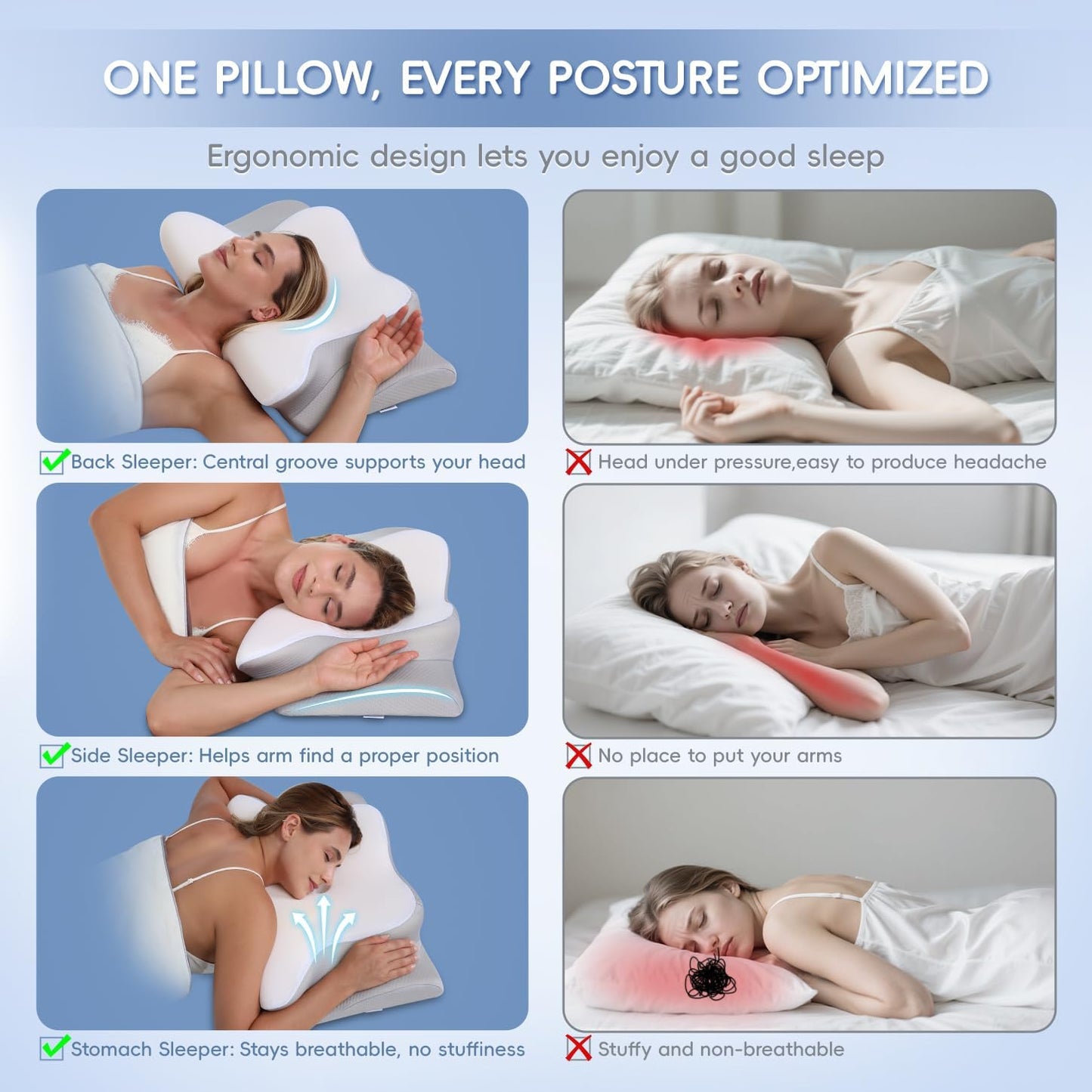 Cervical Neck Pillow, Memory Foam Pillows for Neck and Shoulder Pain Relief, 2 Heights Ergonomic Pillow with Breathable Ice Silk Cover, Neck Support Pillow for Side Sleepers White