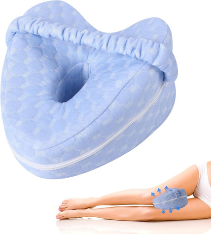 Knee Pillow for Side Sleepers - Sciatica, Hip & Back Pain Relief Pillow with Adjustable Strap, Memory Foam Leg Pillow for Side Sleeping, Spine Alignment Support for Pregnancy, Post-Surgery (Sky Blue)