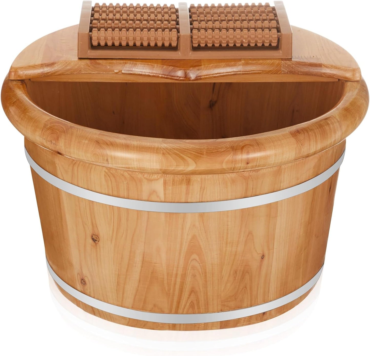 10.24 Inch Tall Wooden Foot Bath Bucket with Massage Roller and Lid, Thick Insulated Wooden Foot Basin for Relaxation, Massage Soles, Suitable for Families, Athletes and Elderly (Wood)
