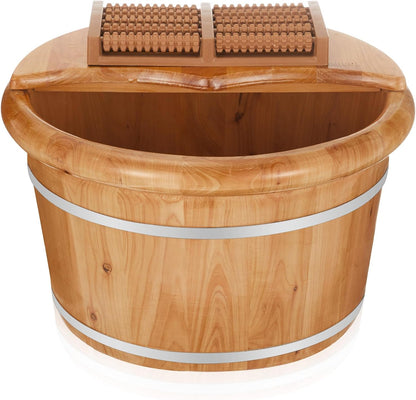 10.24 Inch Tall Wooden Foot Bath Bucket with Massage Roller and Lid, Thick Insulated Wooden Foot Basin for Relaxation, Massage Soles, Suitable for Families, Athletes and Elderly (Wood)