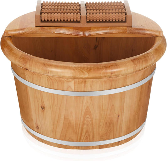 10.24 Inch Tall Wooden Foot Bath Bucket with Massage Roller and Lid, Thick Insulated Wooden Foot Basin for Relaxation, Massage Soles, Suitable for Families, Athletes and Elderly (Wood)