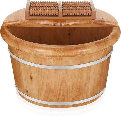 Geelin 10.24 Inch Tall Wooden Foot Bath Bucket with Massage Roller and Lid, Thick Insulated Wooden Foot Basin for Relaxation, Massage Soles, Suitable for Families, Athletes and Elderly (Wood)