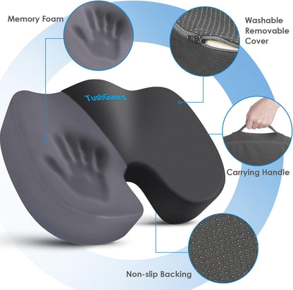 TushGuard Seat Cushion for Office Chair, Car, Memory Foam, Black Large | For Back, Coccyx, Sciatica, Tailbone Pain, Ergonomic Design, Non-Slip, Desk Wheelchair Use, Supportive Butt Pillow, For Man