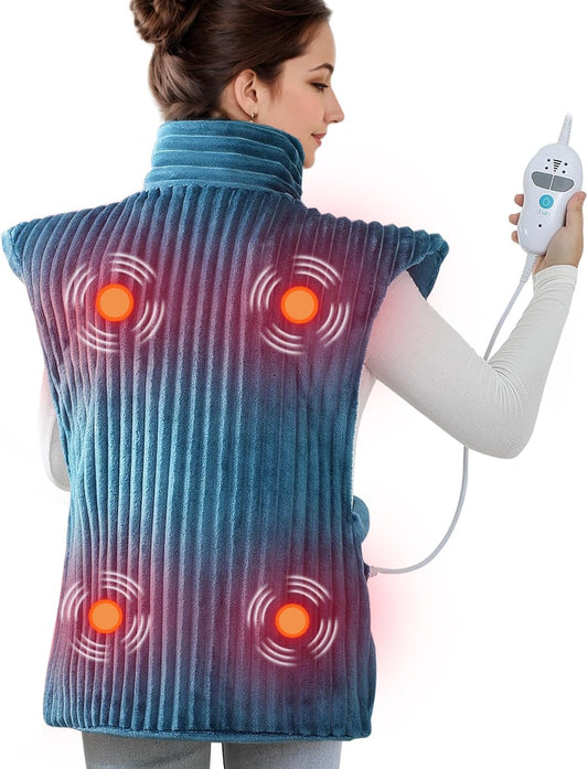Heating Pads for Back Pain Relief,Wearable Heating Pad with Massager,Teal | 24"x35" Extra Large Heated Wrap for Neck and Shoulders ,Auto-Shut Off,Machine Washable