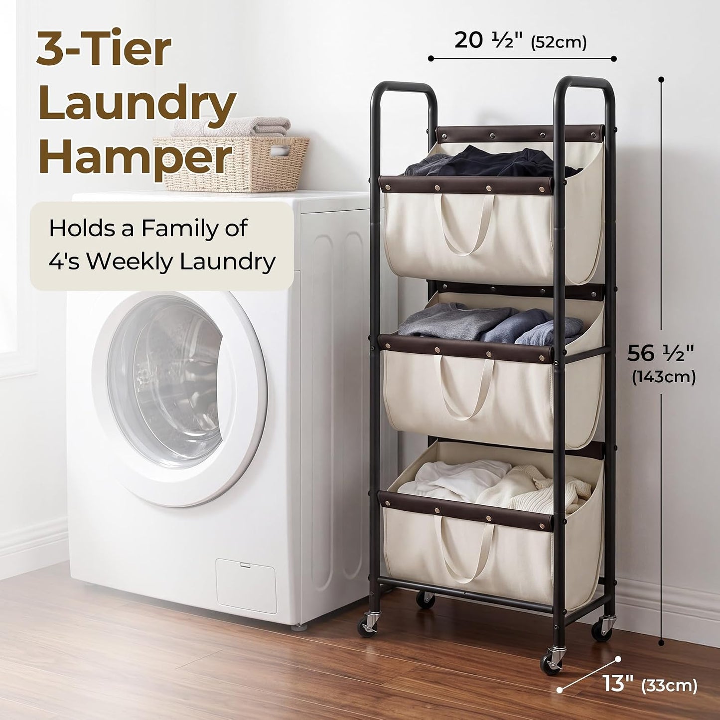 GRANNY SAYS 3 Tiered Laundry Sorter, Narrow Hamper Cart with Wheels | Sturdy 3 Section Laundry Basket with Wheels, Vertical Beige Hamper Cart for Bedroom, Bathroom, Apartment