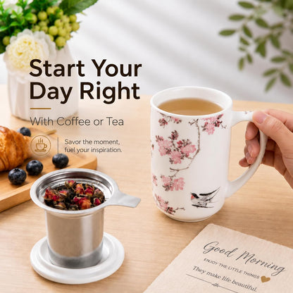AmorArc Tea Cup With Infuser and Lid, 18oz Loose Leaf Tea Mug With Steeper | Porcelain Tea Mug With Infuser and Lid, Large Strainer Tea Cup with Lid for Tea, Coffee Mug for House-warming Birthday Gift