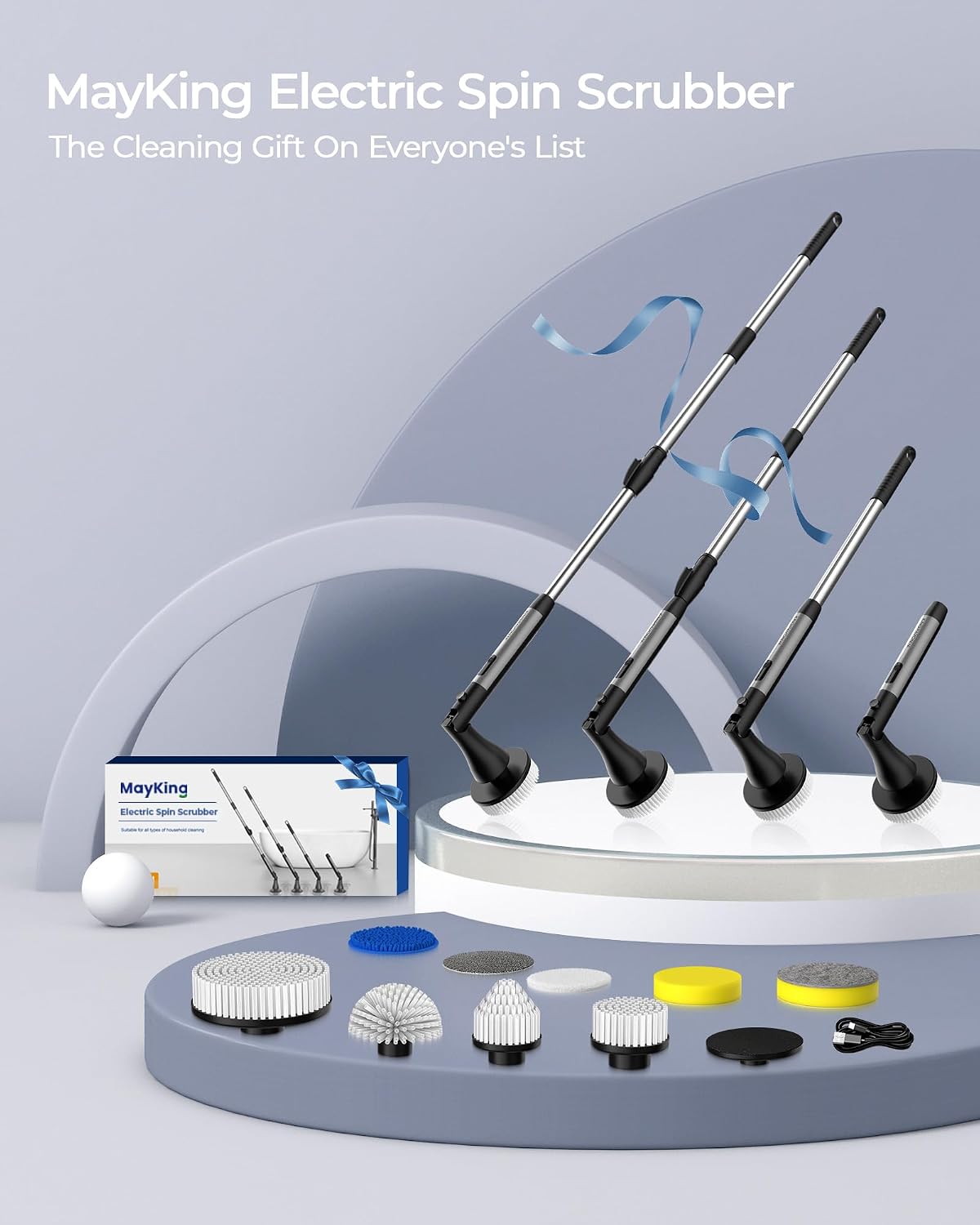 MayKing Electric Spin Scrubber with 9 Brush Heads, IPX7, Model Blue | 3-Angle & 4-Length Adjustable Cordless Power Scrubber, 3-Speed & Battery LED Display, for Bathroom, Tub, Floor & Tiles