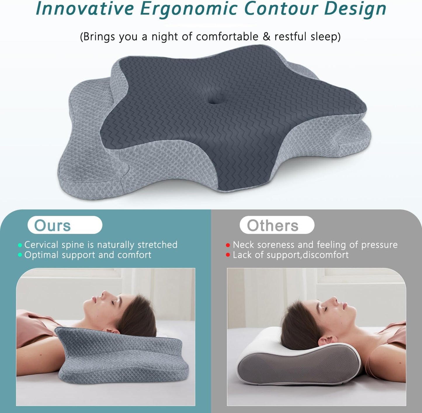 CHxxy Memory Foam Pillows, Cervical Pillow for Neck & Shoulder Pain Relief | Ergonomic Contour Bed Pillow, Soft for Side Sleep Stomach Sleeping and Back Sleeper-Queen Size&Grey