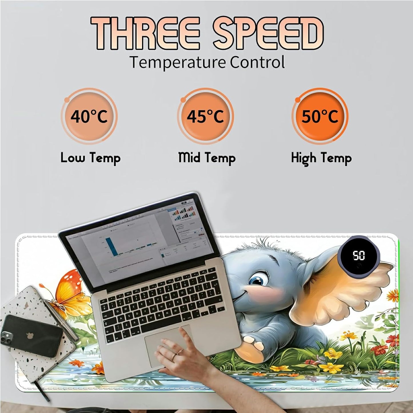 Heated Desk Pad Heated Large Mouse Pad, Electric Quickly Warm Desk Mat with 3 Levels Heating 3 Hours Auto Shut-Off, 31.5" x 13" Warm Gaming Mousepad Hand Foot Warmer, Baby Elephant