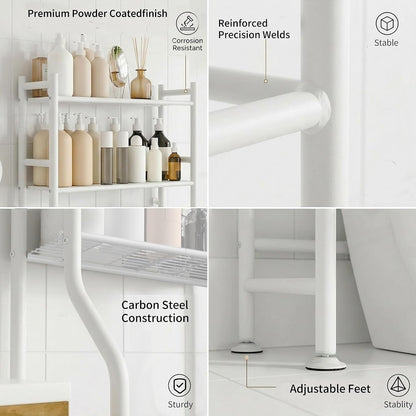 GloTika 3-Tier Over Toilet Storage, Anti-Tilt, 64" H, Black | Anti-Tilt Safety System, 150lb Capacity, Carbon Steel, Freestanding, No Drilling, Anti-Rust Coating, Paper Holder & 4 Hooks
