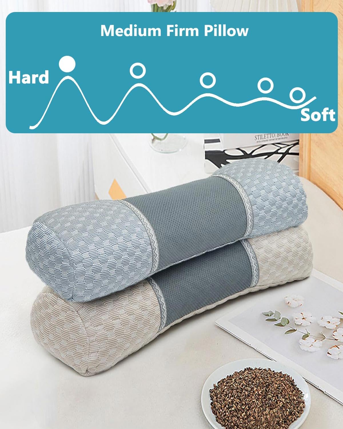 Buckwheat Cervical Pillow for Sleeping, Adjustable Roll Pillow for Neck Relief with Washable Pillowcase, Round Cylinder Bolster for Firm Support, 16x4 inch (Khaki)