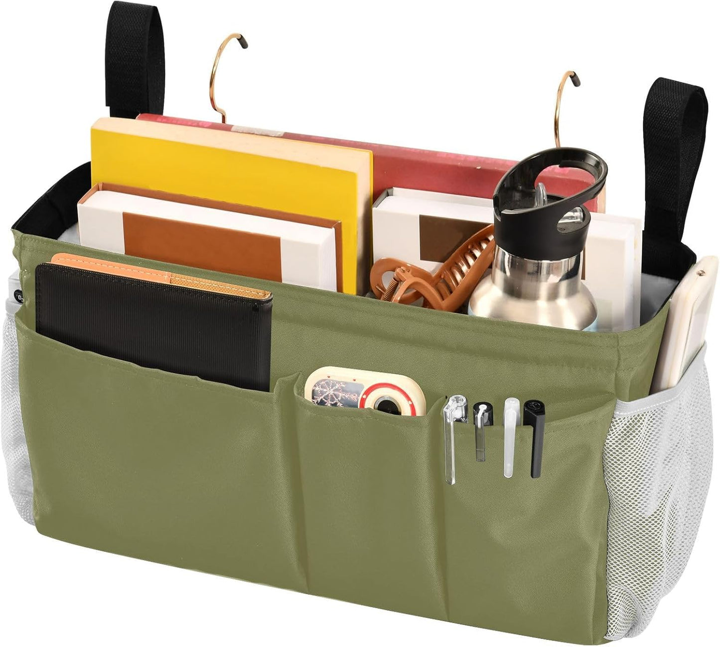 Black Bedside Caddy Storage Bag Bedside Organizer for Bed Rails College Dorm Room Organizer Caddy Hanging Shelf 6 Pockets with Hooks for Drinks Magazine Phone Holder
