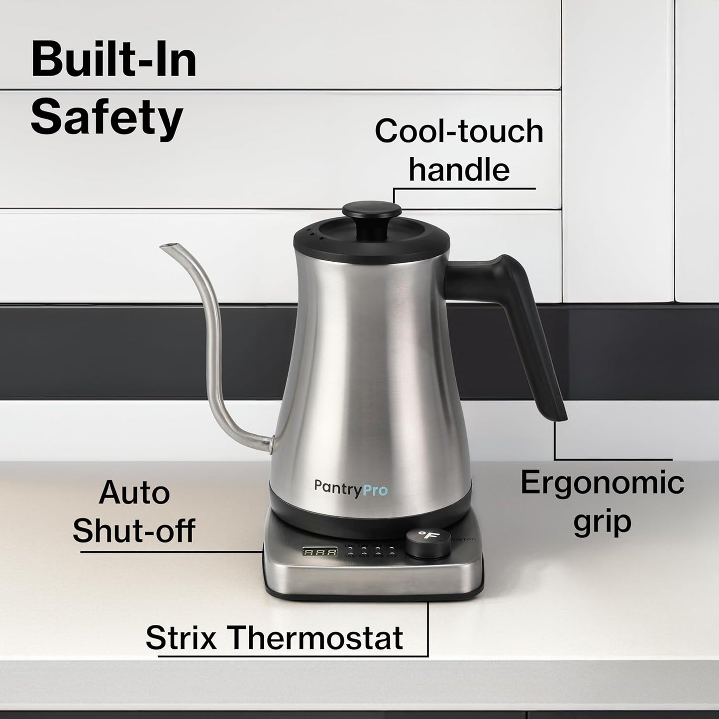 1.0L 1500W Gooseneck Electric Kettle - Stainless Steel Interior - Rapid-Boil - Auto Shut-Off, Boil-Dry Protection, Temperature Control, LED Indicator - Black by The Display Guys